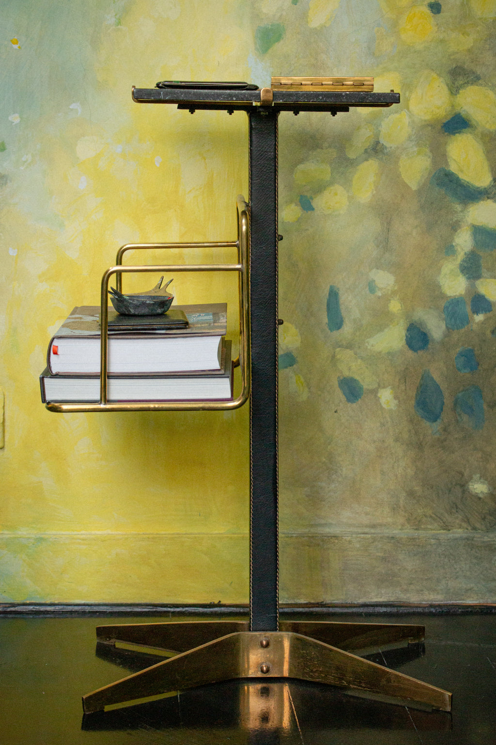 Very rare side table/bookshelf by Mathieu Matégot in brass and leather, 1950