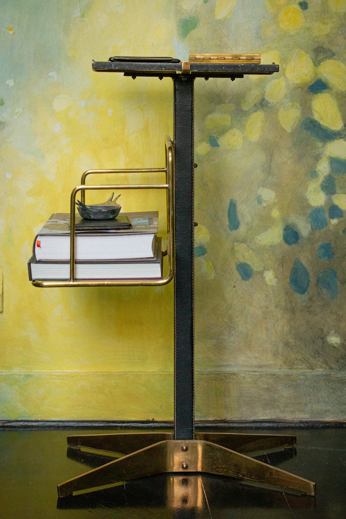 Very rare side table/bookshelf by Mathieu Matégot in brass and leather, 1950