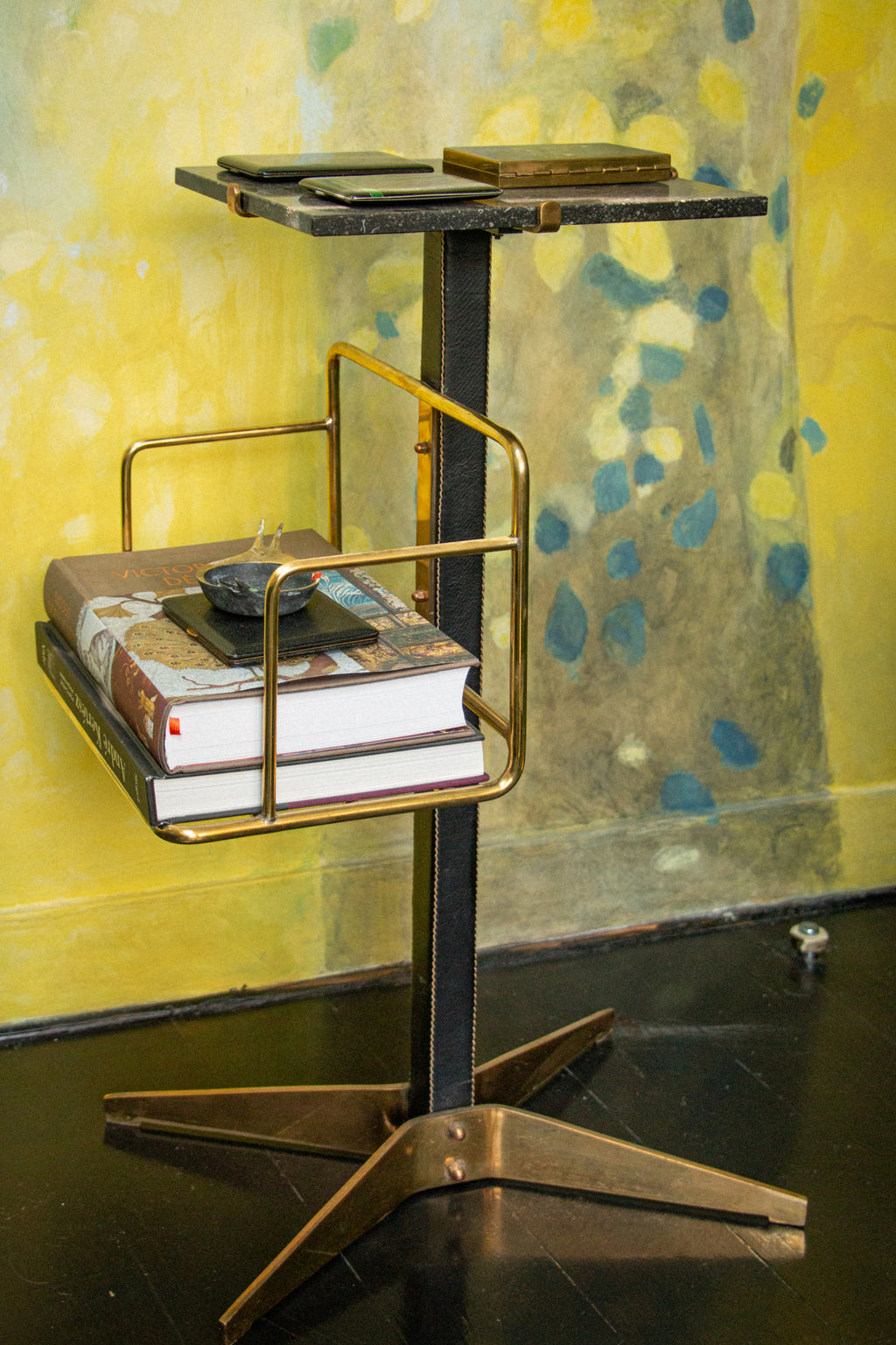 Very rare side table/bookshelf by Mathieu Matégot in brass and leather, 1950