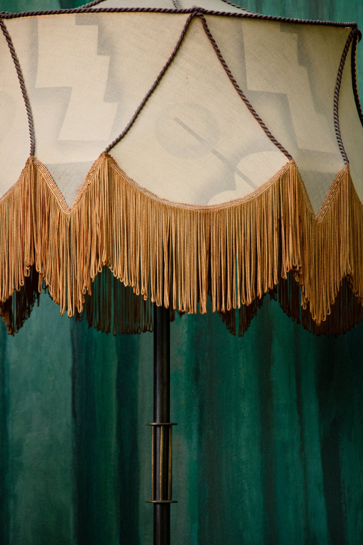 Unique Piece Bronze Floor Lamp with Fringed painted Silk Shade from the 1910 period