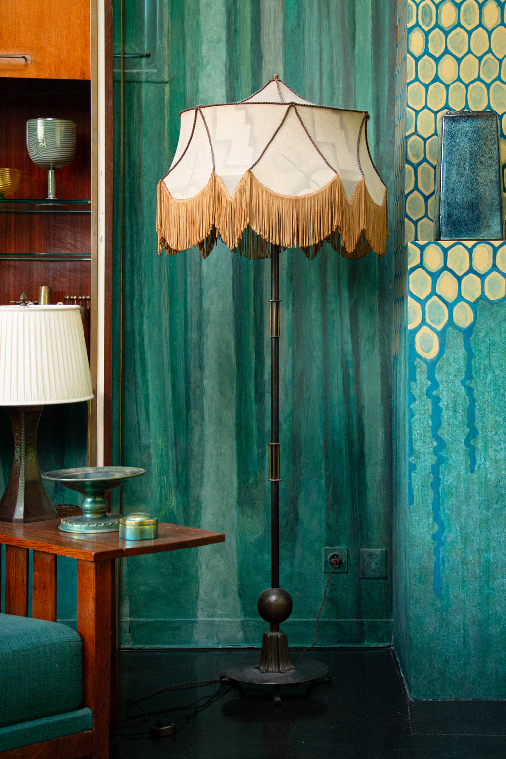 Unique Piece Bronze Floor Lamp with Fringed painted Silk Shade from the 1910 period