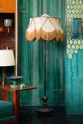 Unique Piece Bronze Floor Lamp with Fringed painted Silk Shade from the 1910 period