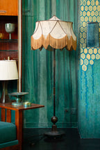 Unique Piece Bronze Floor Lamp with Fringed painted Silk Shade from the 1910 period