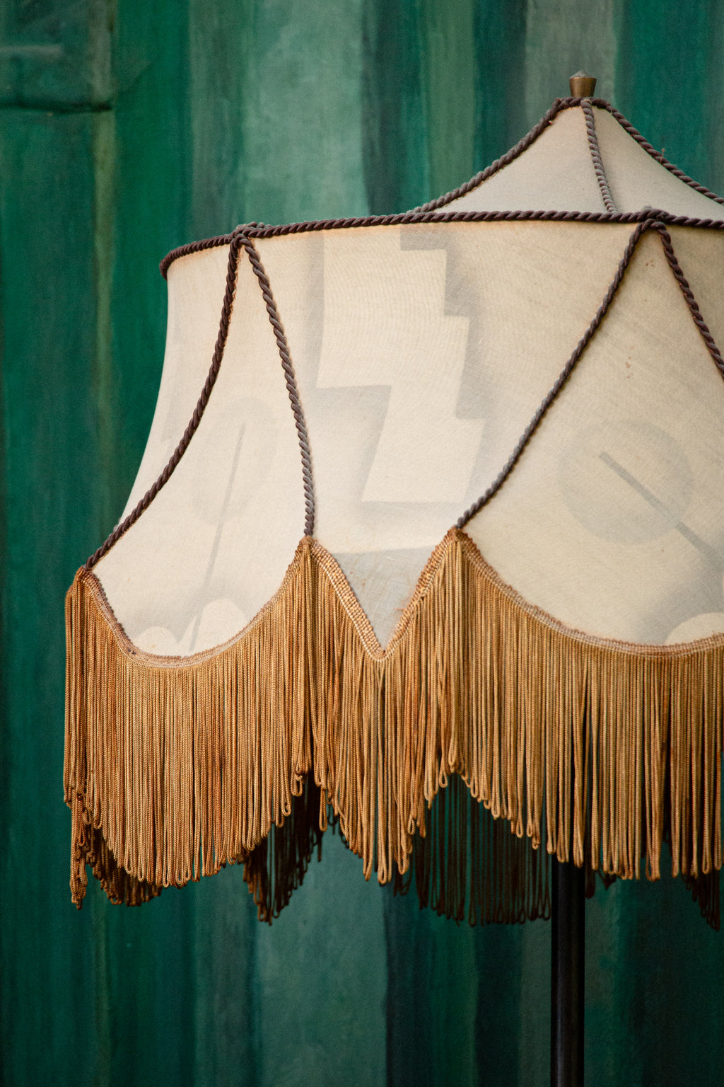 Unique Piece Bronze Floor Lamp with Fringed painted Silk Shade from the 1910 period