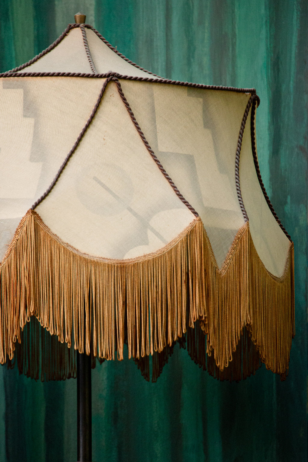 Unique Piece Bronze Floor Lamp with Fringed painted Silk Shade from the 1910 period