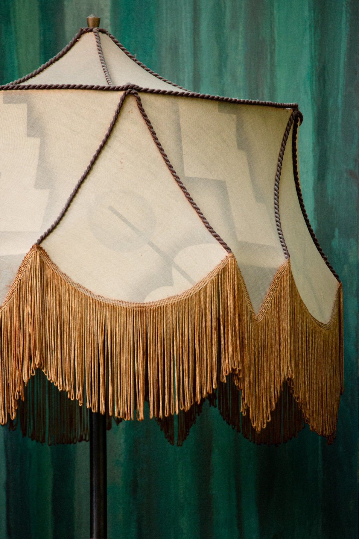 Unique Piece Bronze Floor Lamp with Fringed painted Silk Shade from the 1910 period