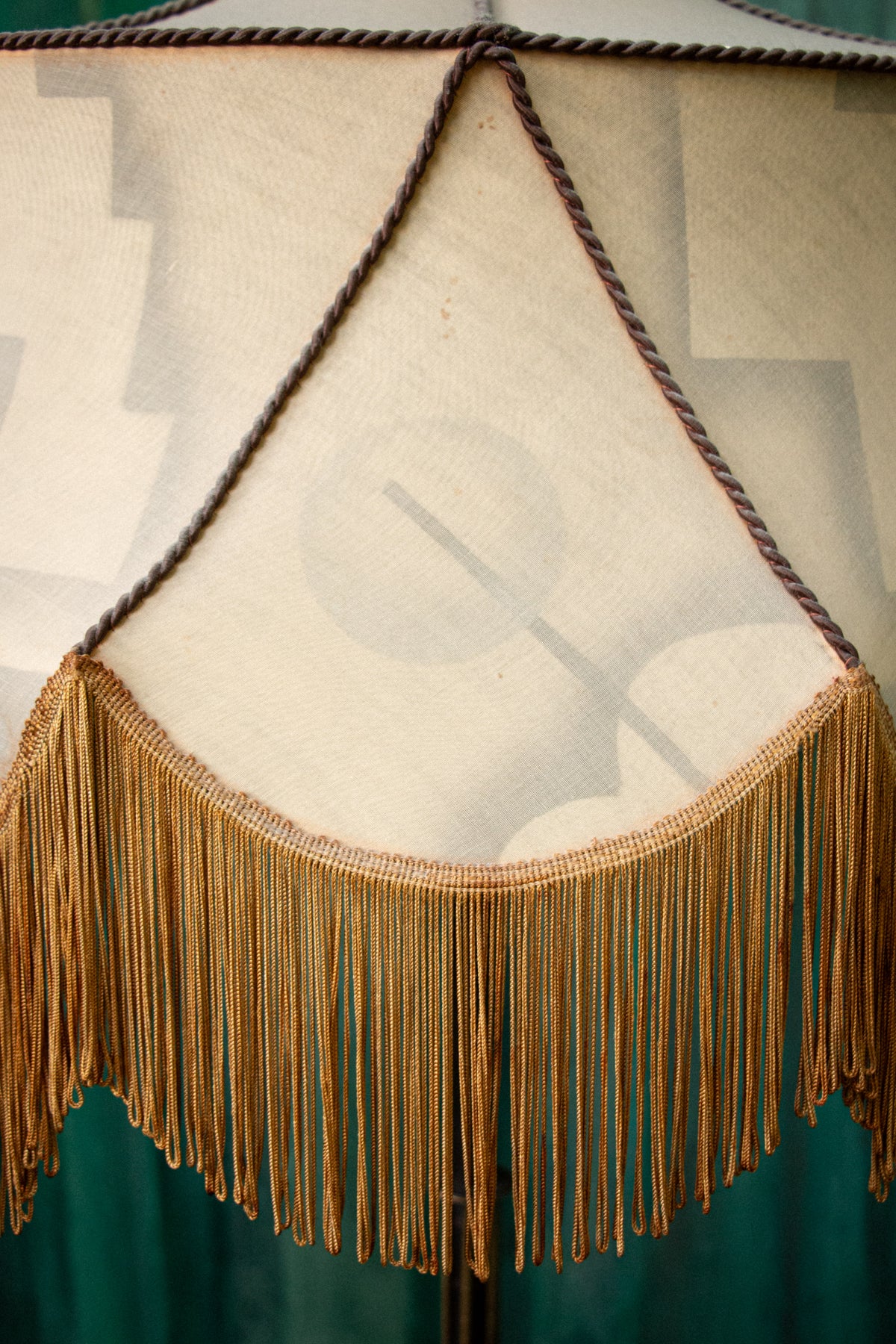 Unique Piece Bronze Floor Lamp with Fringed painted Silk Shade from the 1910 period