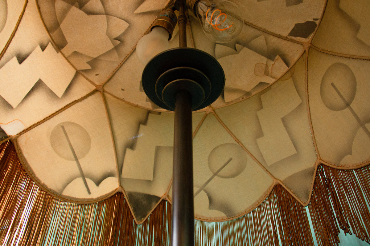 Unique Piece Bronze Floor Lamp with Fringed painted Silk Shade from the 1910 period