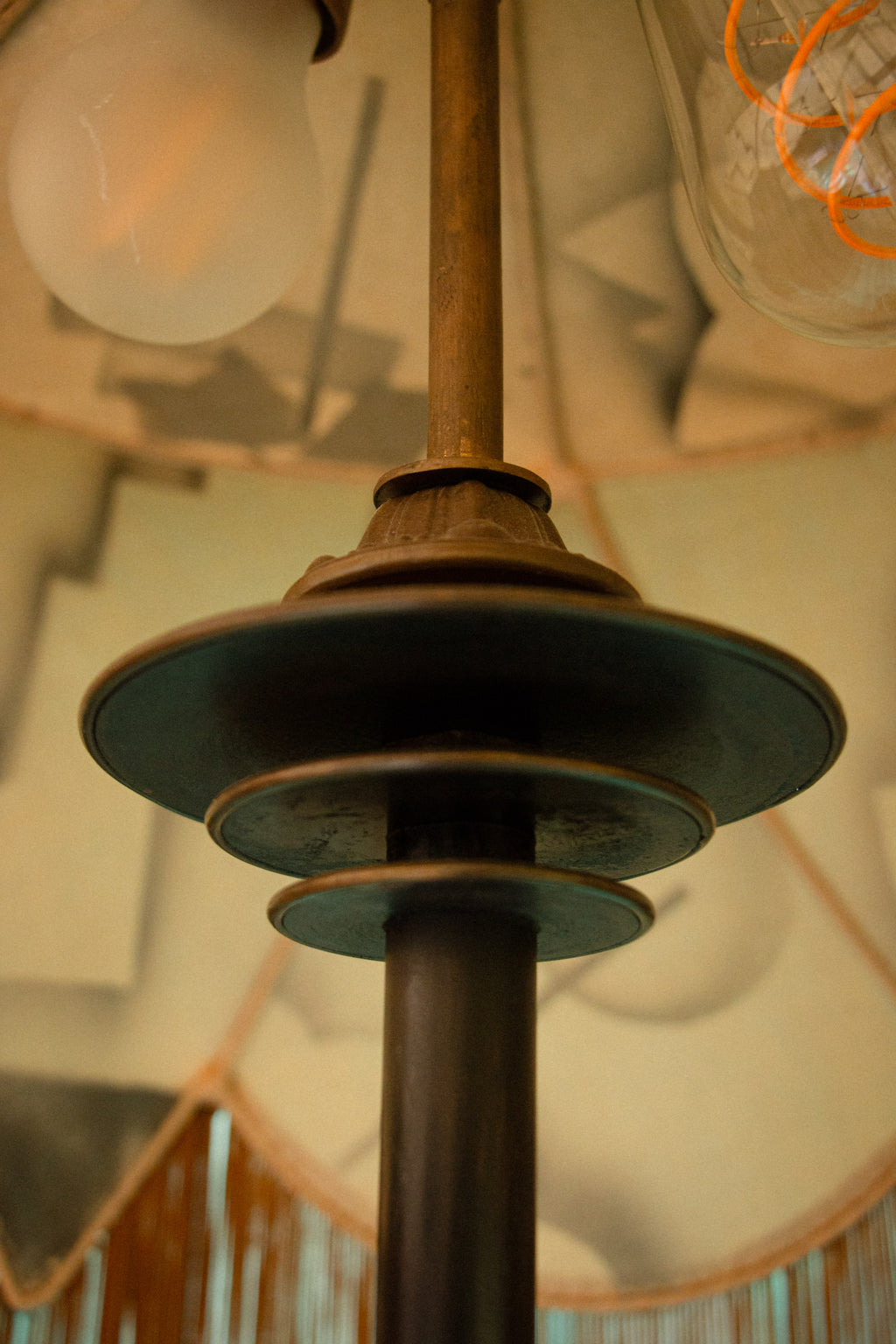 Unique Piece Bronze Floor Lamp with Fringed painted Silk Shade from the 1910 period