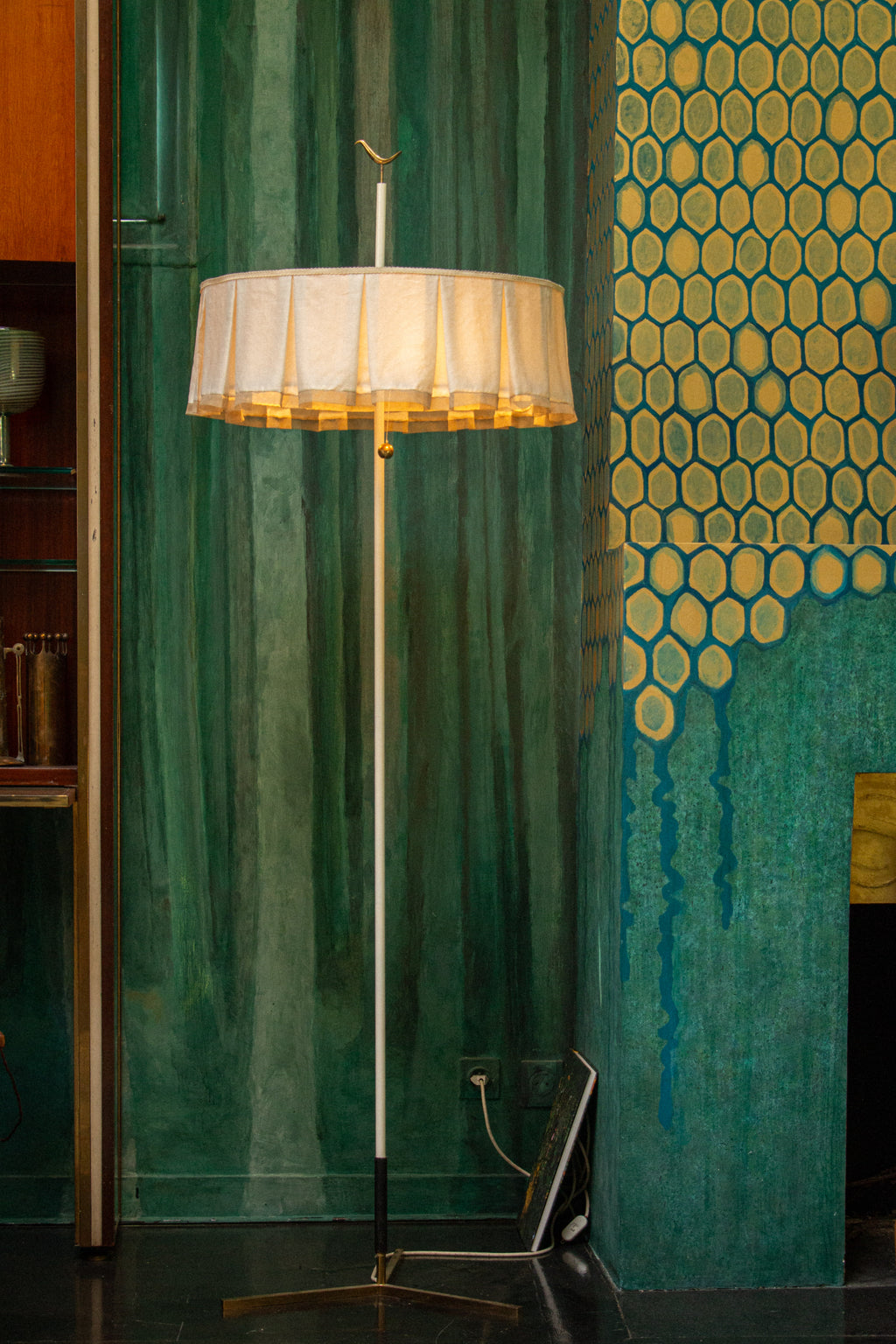 1940s Floor Lamp - Unique Piece with Bronze Bird and Original Fringed Silk Shade