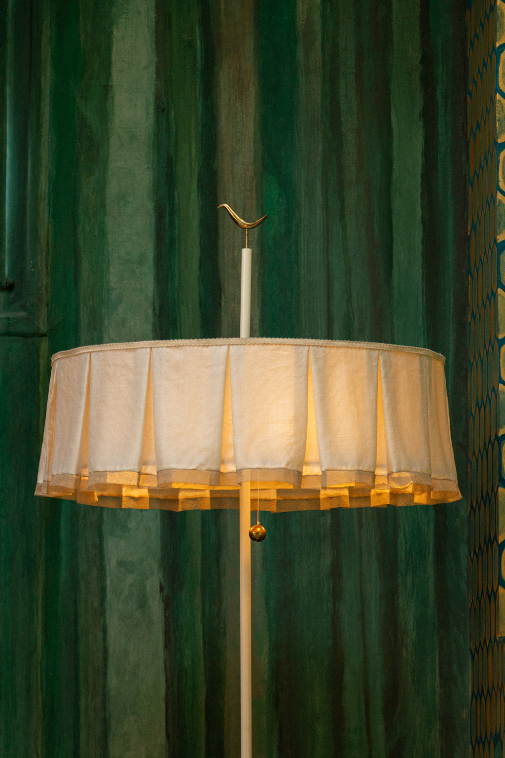 1940s Floor Lamp - Unique Piece with Bronze Bird and Original Fringed Silk Shade