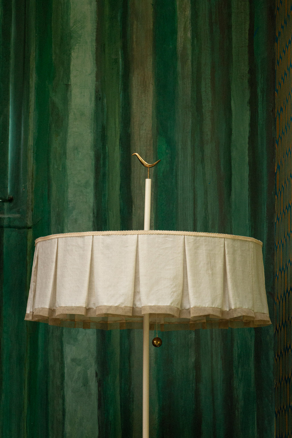 1940s Floor Lamp - Unique Piece with Bronze Bird and Original Fringed Silk Shade
