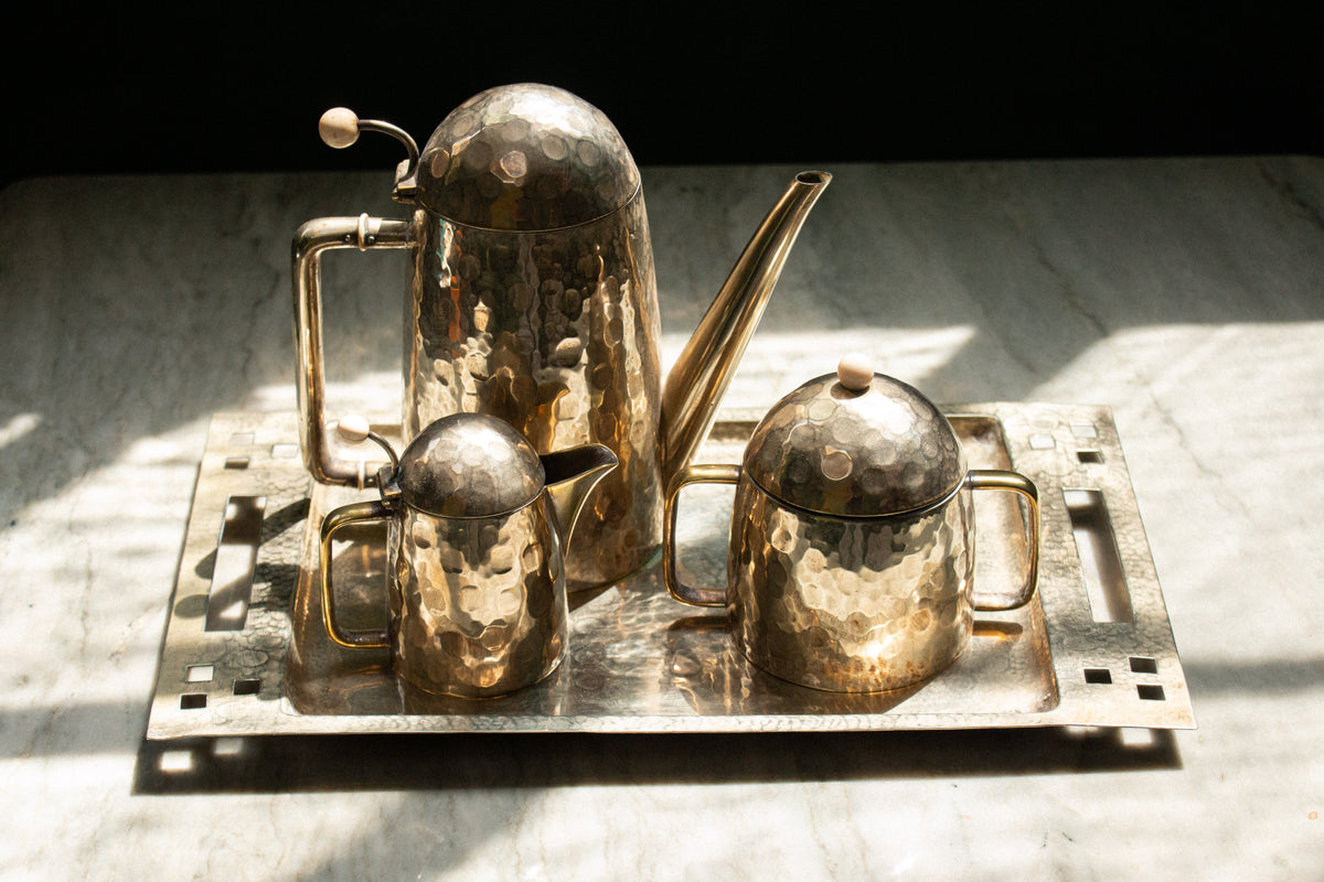 Coffee service set with tray, hammered silver, Vienna Secession, Vienna, 1905