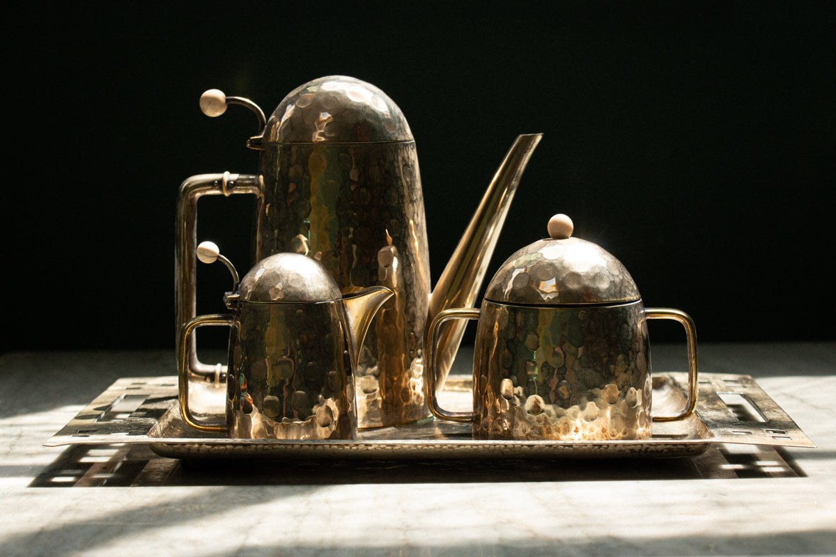 Coffee service set with tray, hammered silver, Vienna Secession, Vienna, 1905
