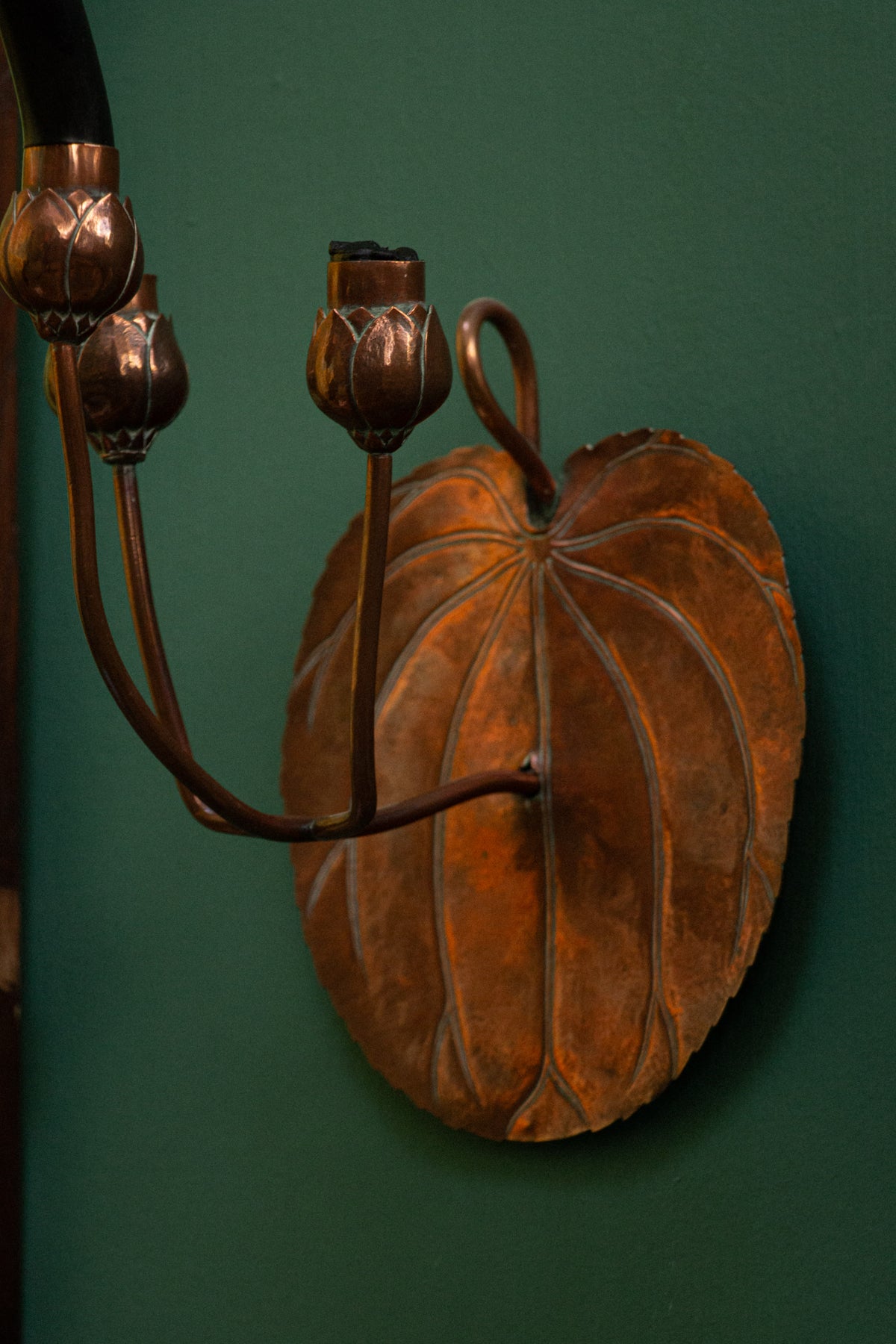 Rare pair of William Arthur Smith Benson wall sconces in hammered copper