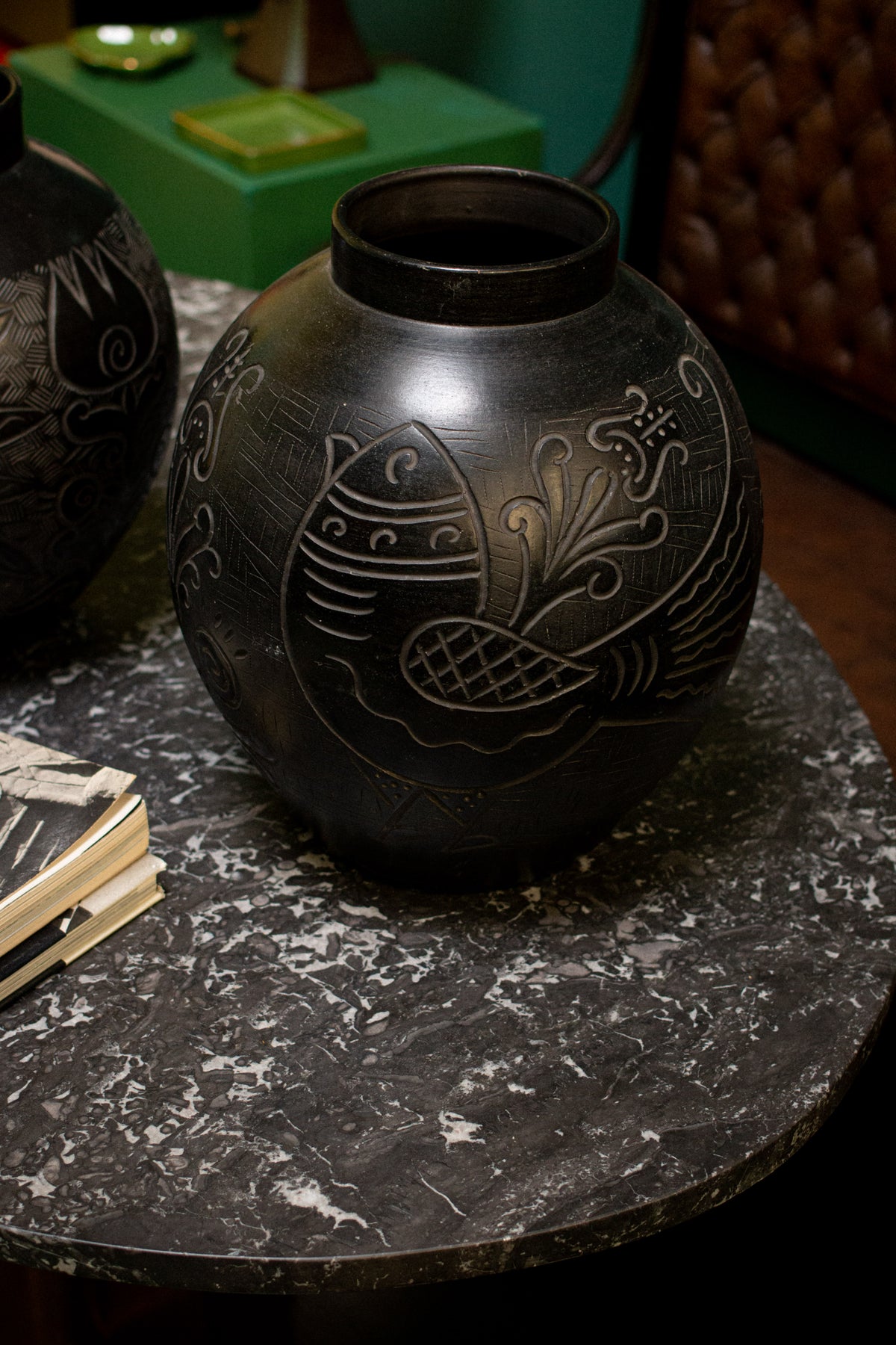 Two large Russian vases, 1920, in sculpted black ceramic