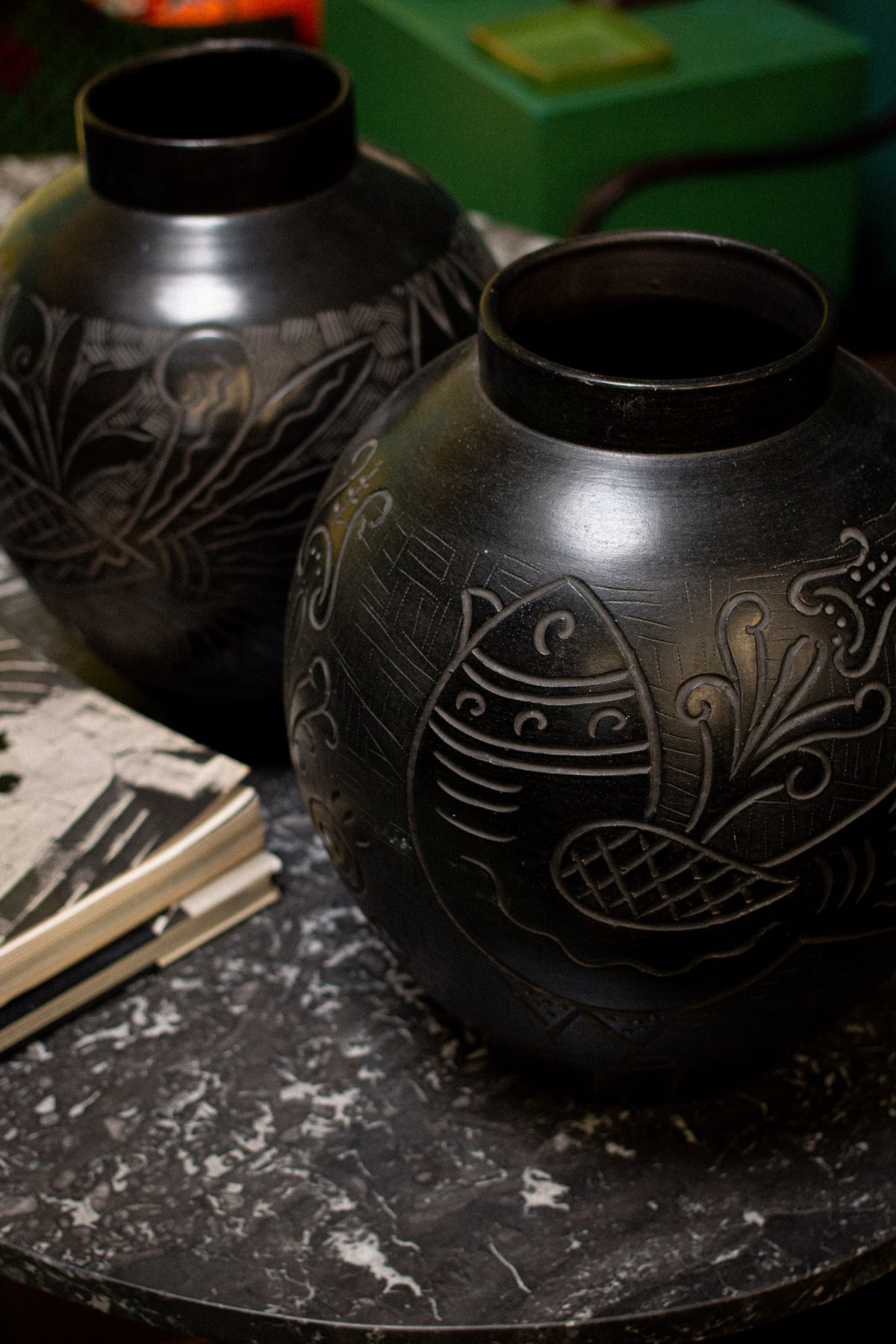 Two large Russian vases, 1920, in sculpted black ceramic