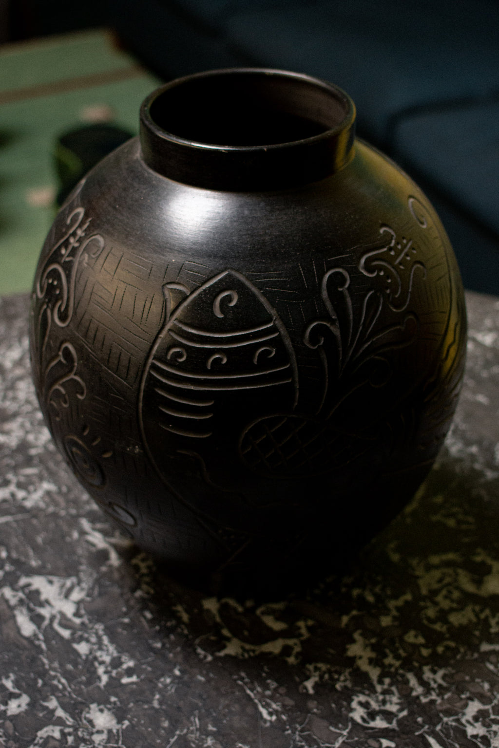 Two large Russian vases, 1920, in sculpted black ceramic