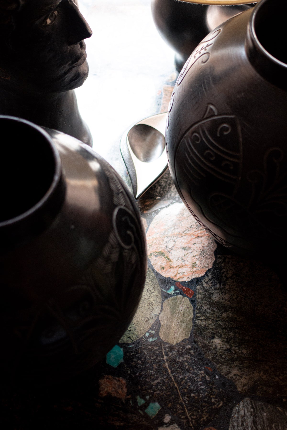 Two large Russian vases, 1920, in sculpted black ceramic